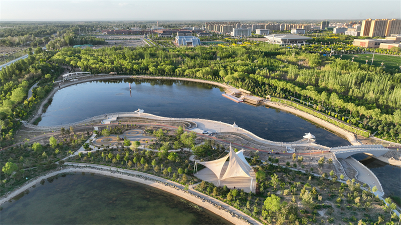 Τα δέντρα κατά μήκος της Οικολογικής Λίμνης Τσενγκσί στην κομητεία Τζιντά, της πόλης Τζιουκουάν, στην επαρχία Γκανσού, είναι καταπράσινα και πλούσια, συμπληρώνοντας το νερό της λίμνης και σχηματίζουν ένα ζωντανό σκηνικό. (Φωτογραφία / Λαϊκή Καθημερινή Online)