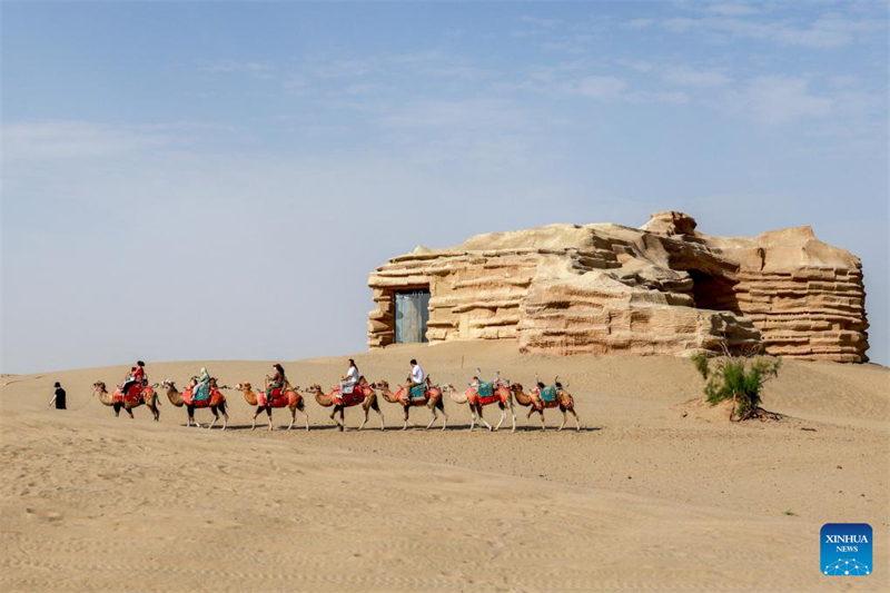 Τουρίστες καβαλικεύουν καμήλες στη γραφική περιοχή "πύλη της ερήμου" στην πόλη Αλαέρ (Alaer), της Αυτόνομης Περιοχής των Ουιγούρων της επαρχίας Σιντζιάνγκ, στις 12 Αυγούστου του 2025. (Φωτογραφία / Xinhua)